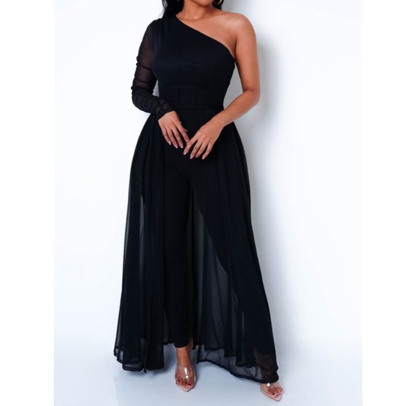 One Shoulder Jumpsuit With Sheer Train - Picture 1 of 2
